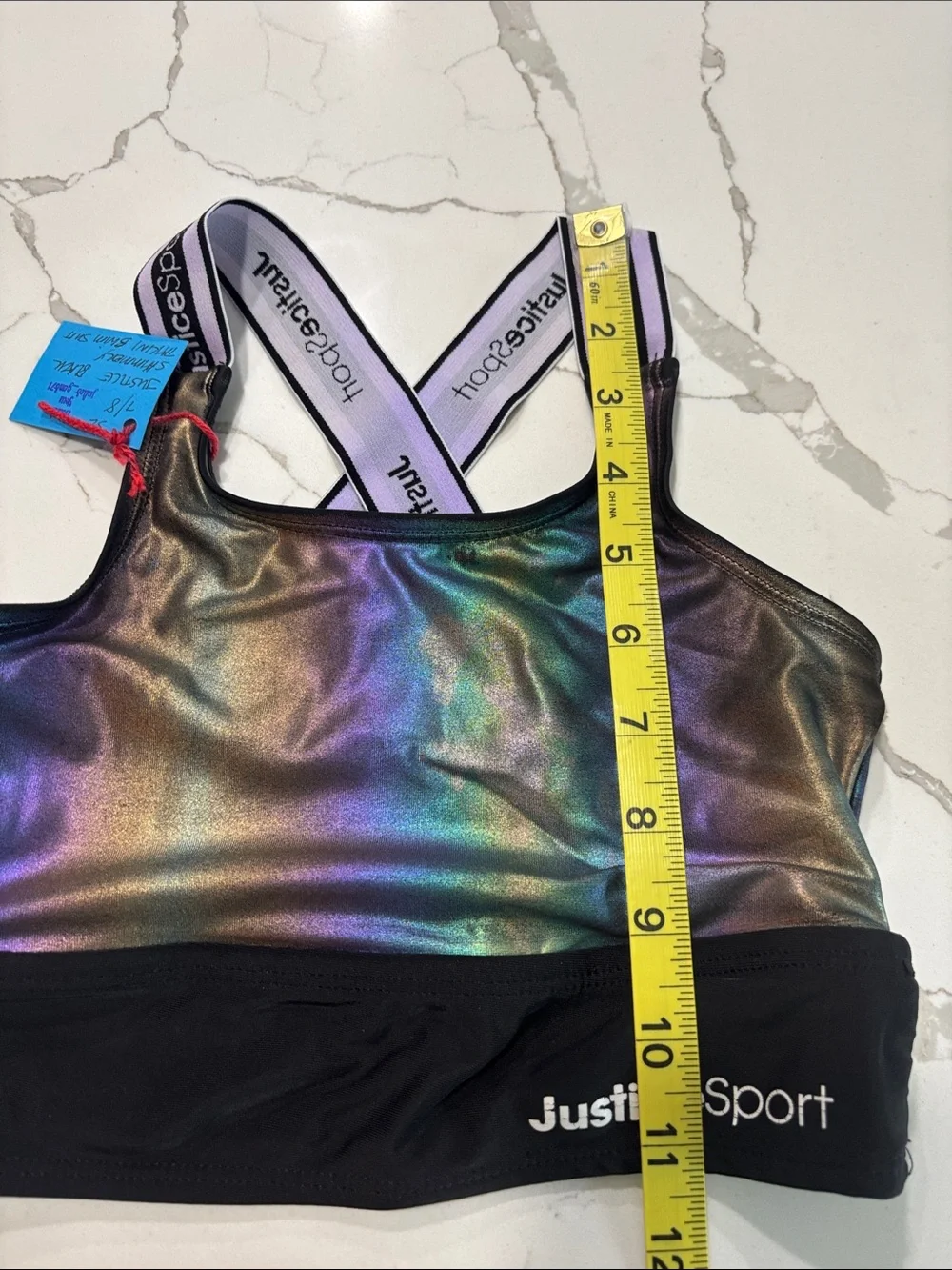 Justice Sport Girls Black Shimmery Takini Swim Top Bikini Size S 7/8 Sports Bra